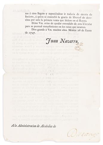 (MEXICAN IMPRINT--1797.) Juan Navarro. Circular on a duty-free trade mission to the Californias.